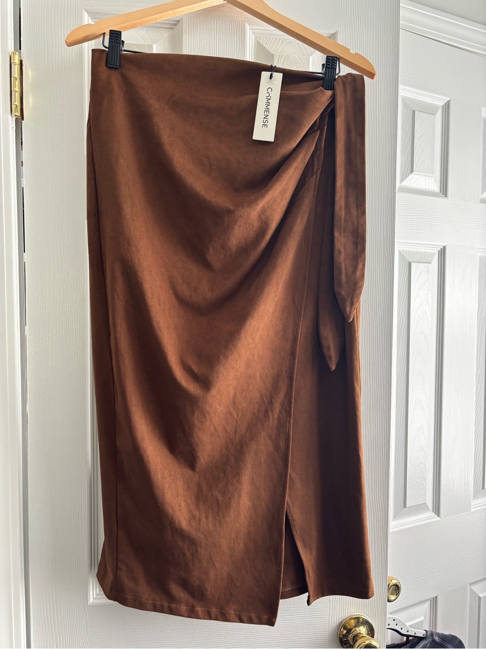 Commense Rich Brown faux suede Wrap Midi Skirt with Side Tie